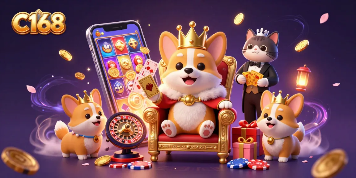 Experience the gaming thrill at C168 with a royal corgi, gold coins, and exciting games.