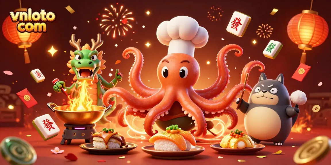 Experience excitement at vnloto com as a tanuki bets alongside a dragon and octopus chef.