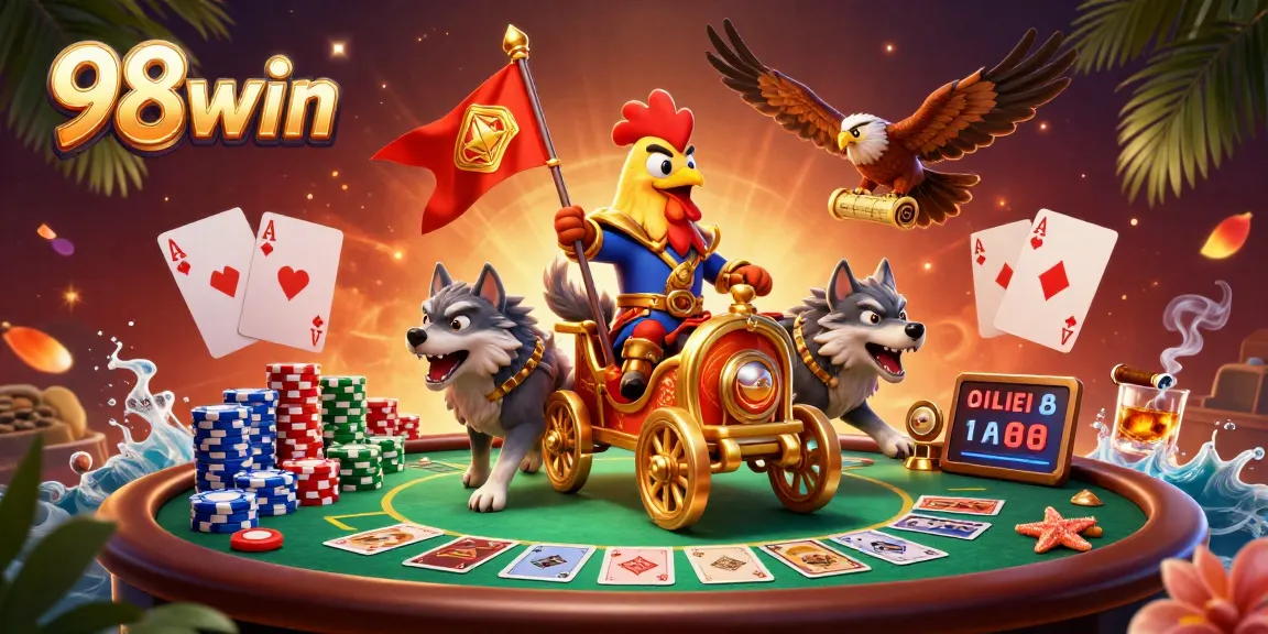 Experience high-stakes poker action with 98win featuring a spectacular rooster warlord.