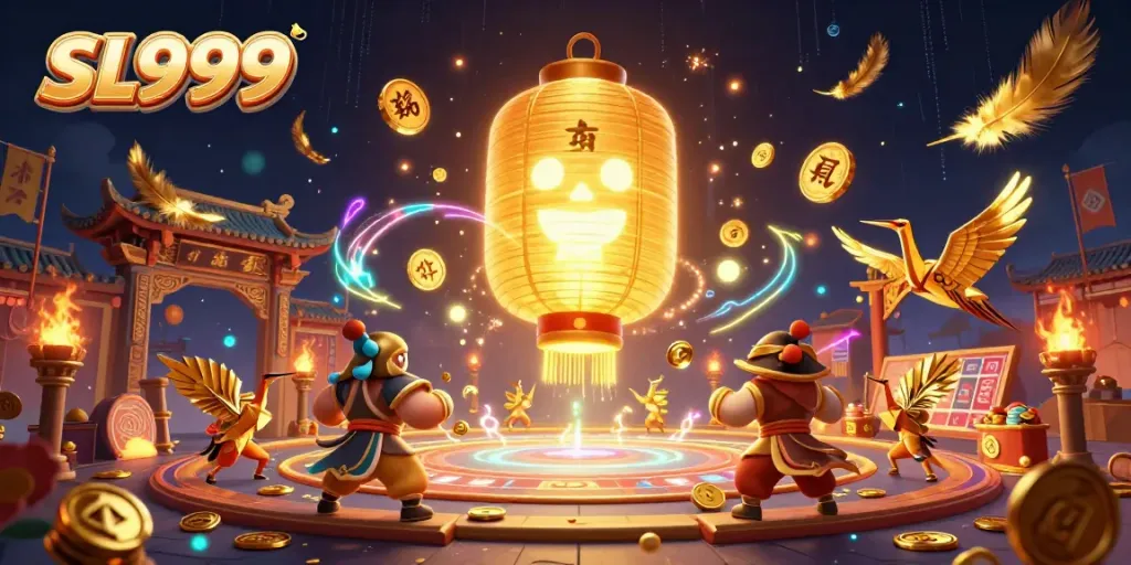 Experience the excitement of SL999 at a vibrant night market casino featuring dynamic characters and golden motifs.