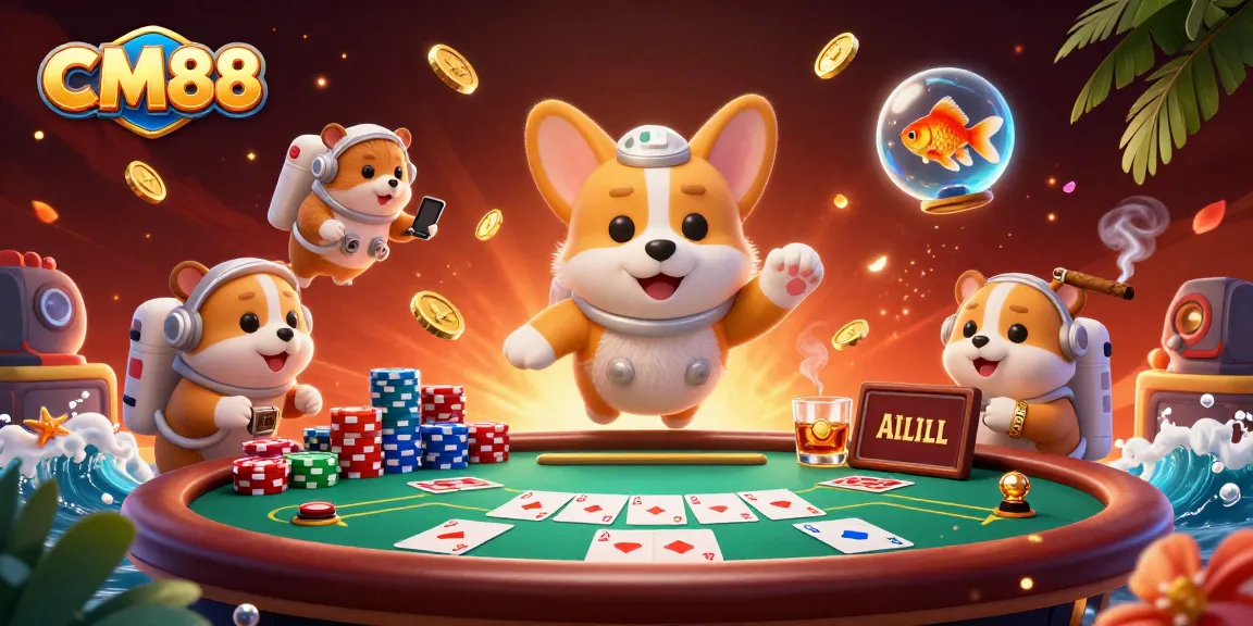 Experience the dynamic fun of CM88 with a floating corgi and dazzling casino elements.