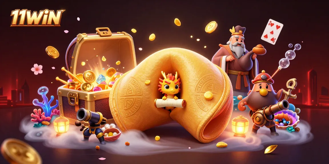Engage with 11WIN's vibrant casino atmosphere featuring treasure and gaming elements in a dynamic scene.