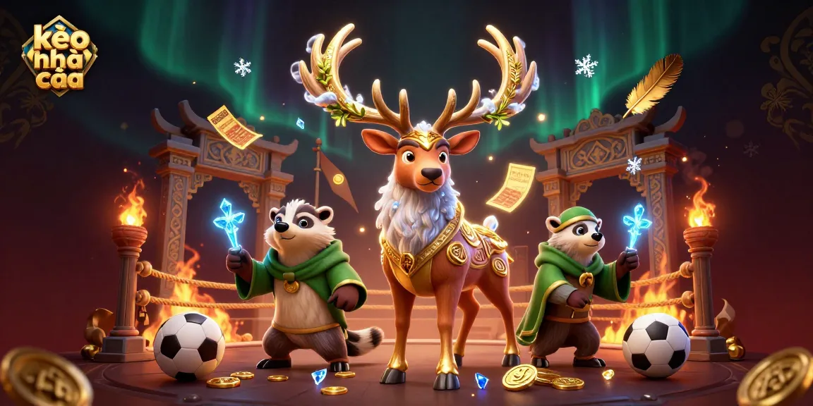 Engage with kèo nhà cái betting strategies, featuring a magical arena filled with sports elements and treasures.