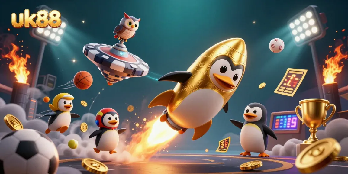 Bet safely on uk88 with the golden penguin racing towards a casino space station filled with sports elements.