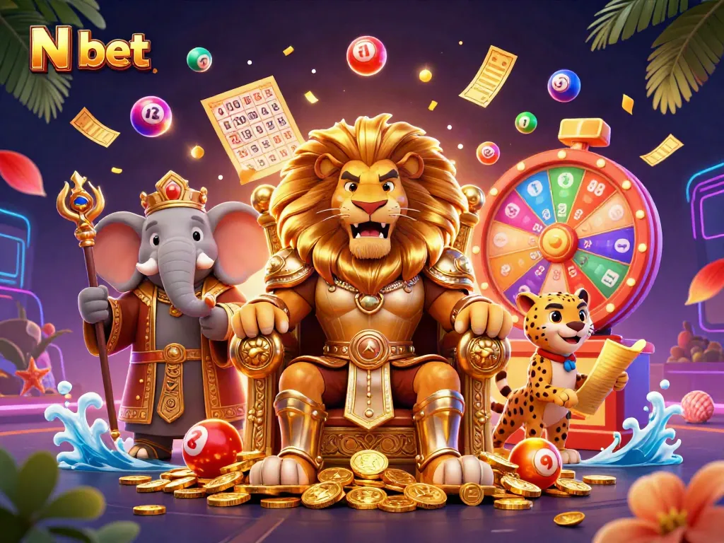 N bet interactive 3D casino scene with a lion king on gold coins, vibrant lottery elements.