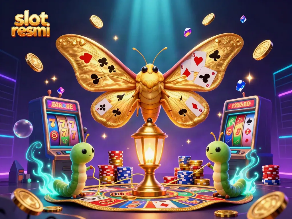 Engage with vibrant slot resmi visuals featuring a golden moth, gems, coins, and glamorous slot machine scene.