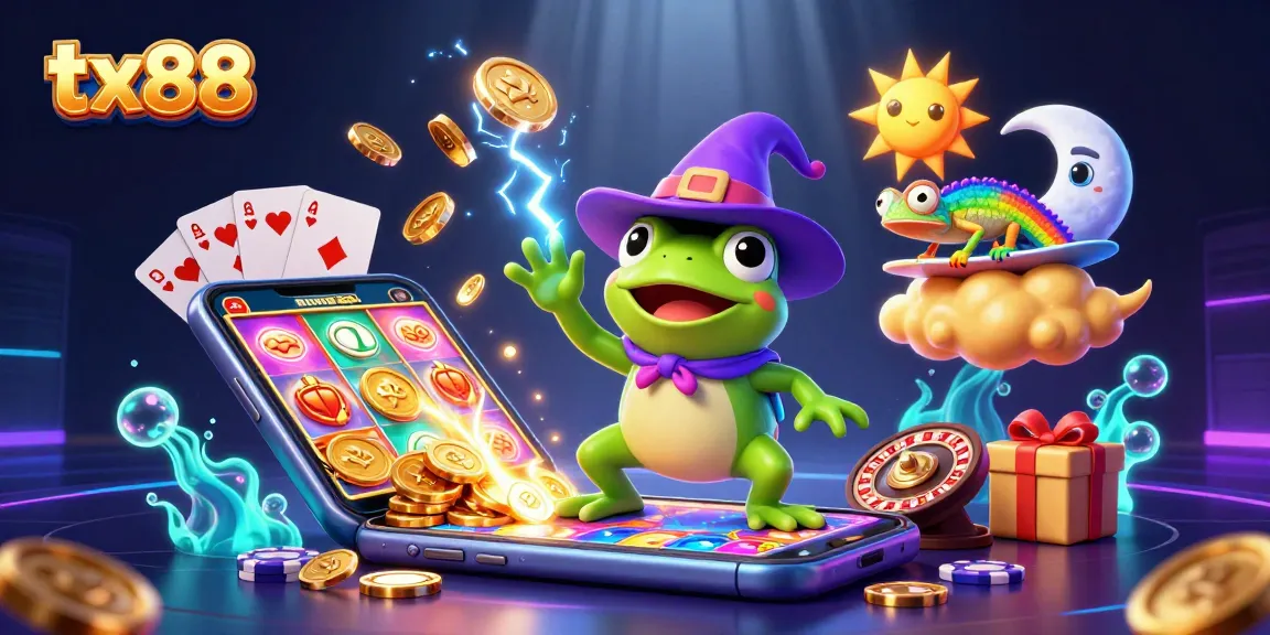 Experience the excitement of tx88 with the wizard frog and chameleon amid vibrant casino elements!