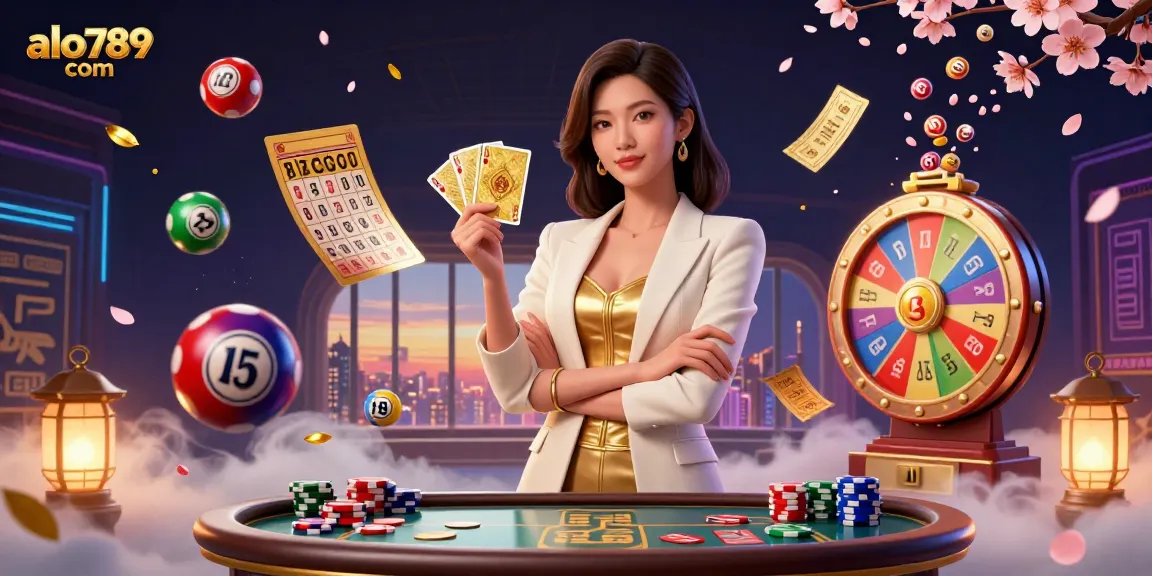 Bet on thrilling games at alo789 com with a glamorous Asian woman dealer and vibrant casino elements.
