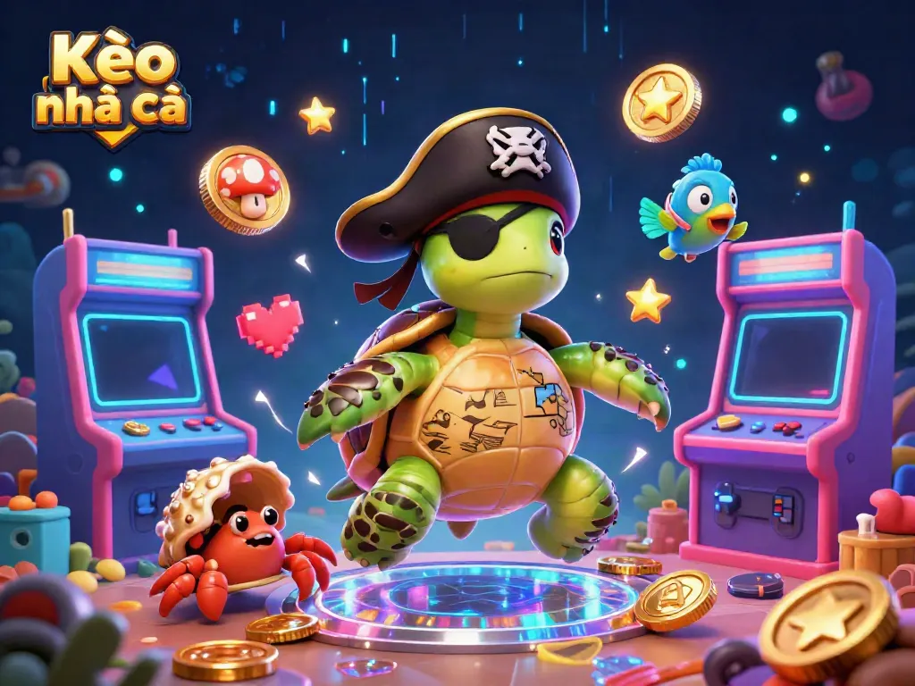 Kèo nhà cái highlights sunken treasures with gaming machines and vibrant characters, showcasing dynamic betting themes.