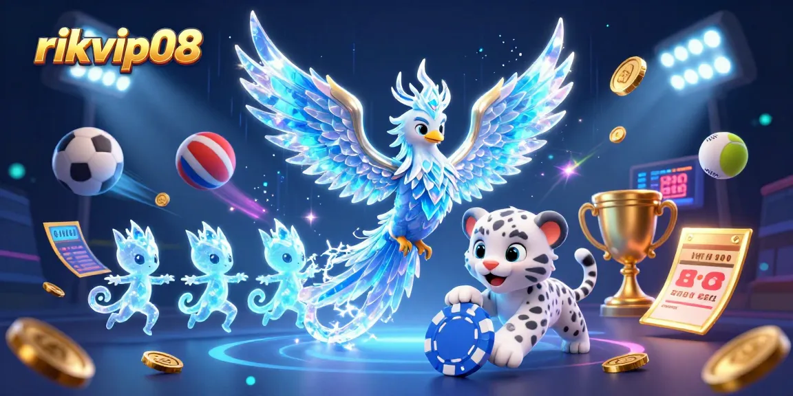 Engage with rikvip08's vibrant gaming scene featuring an ice phoenix and gaming elements.