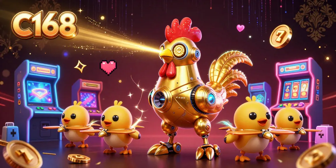 C168 engages players with a dynamic online casino experience, featuring vibrant gaming elements like colorful 3D arcade machines.