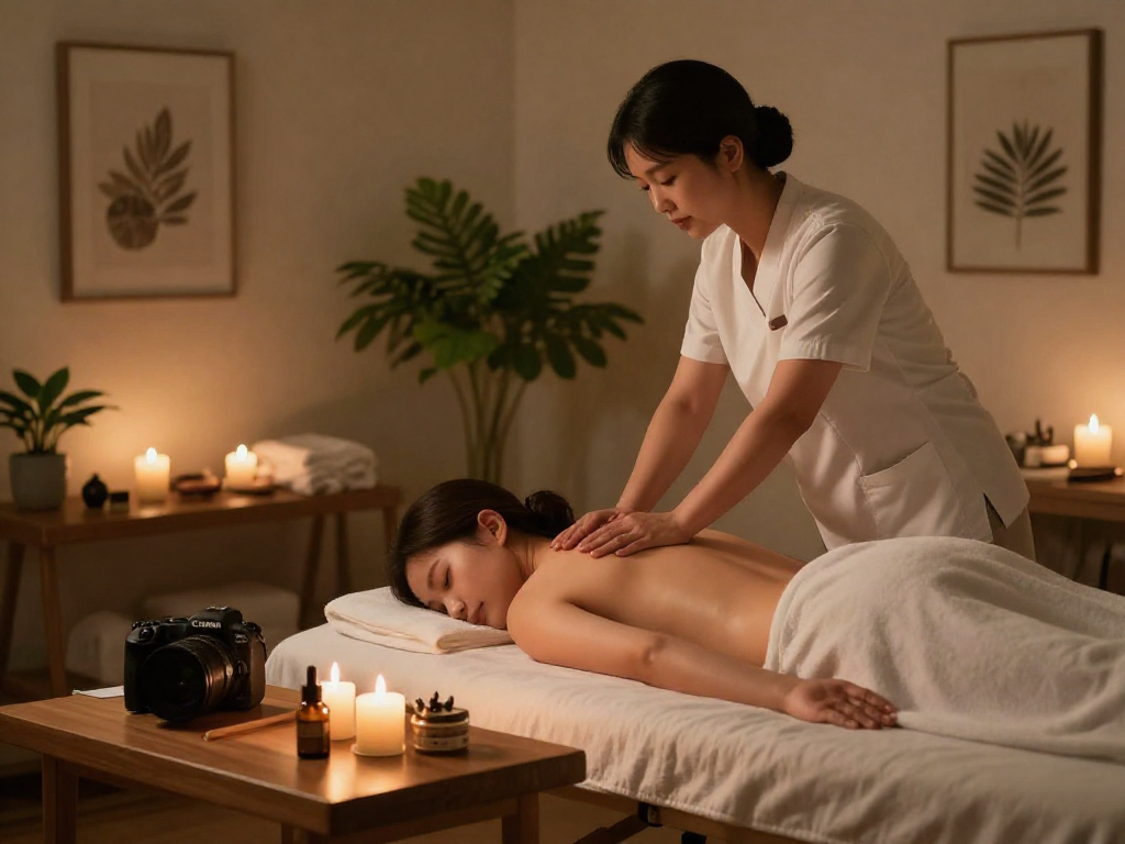 Relaxing 성남출장마사지 experience with a therapist providing a soothing back massage in a tranquil home spa.