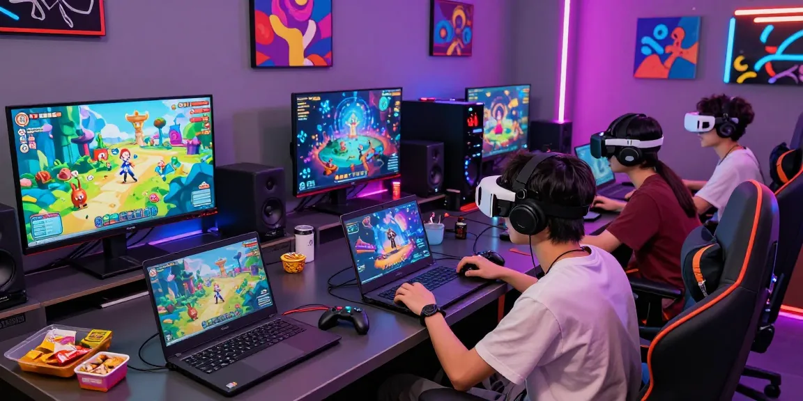 Group of friends playing hentaigames in a vibrant gaming lounge