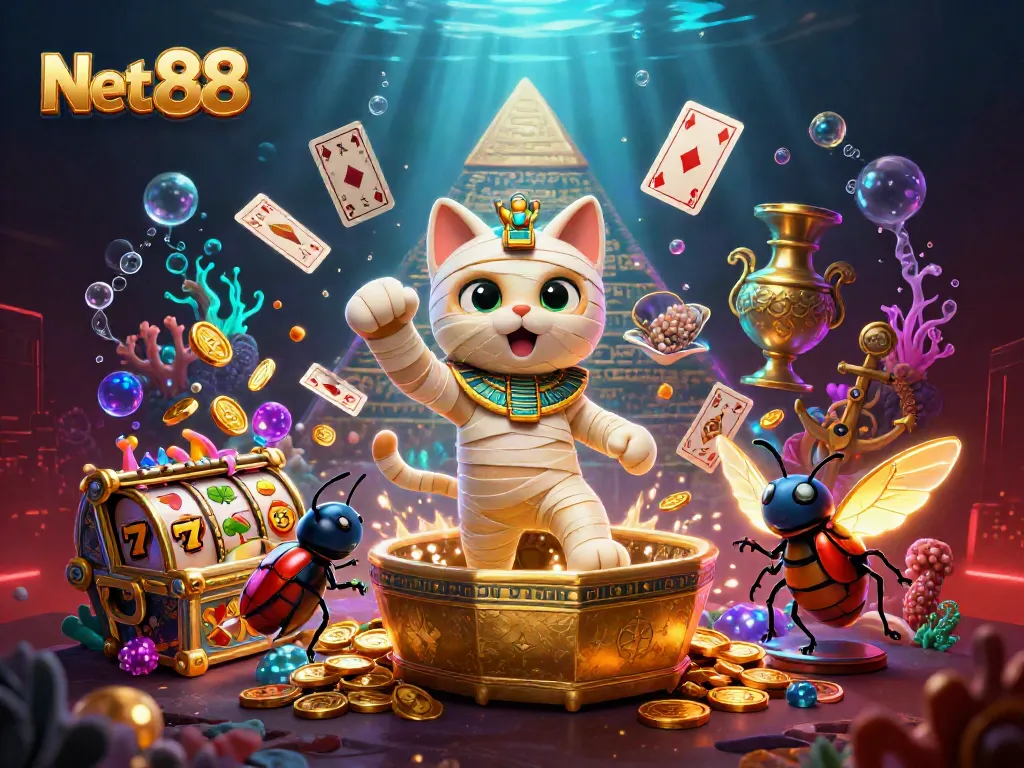 Play exciting games at Net 88, featuring a cartoon Egyptian mummy cat and slot reels bursting with treasures.