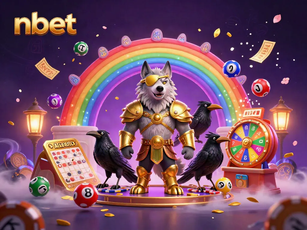 Explore exciting nbet gaming with a Norse mythology-inspired wolf and golden ravens amidst casino elements.