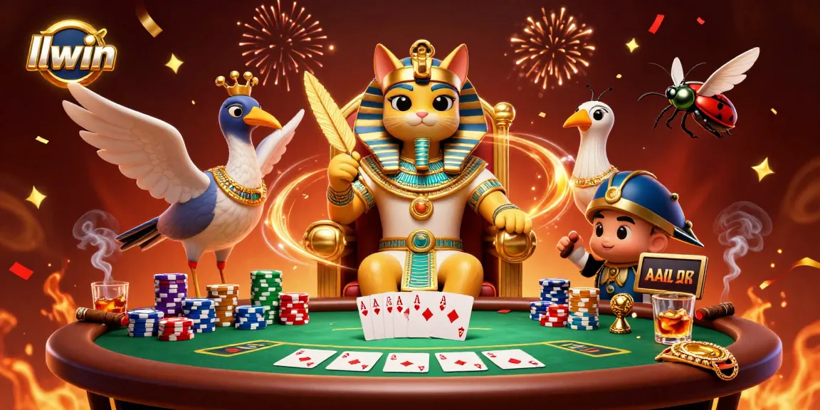 Engage in high-stakes poker action with llwin, featuring an Egyptian pharaoh cat and vibrant casino elements.
