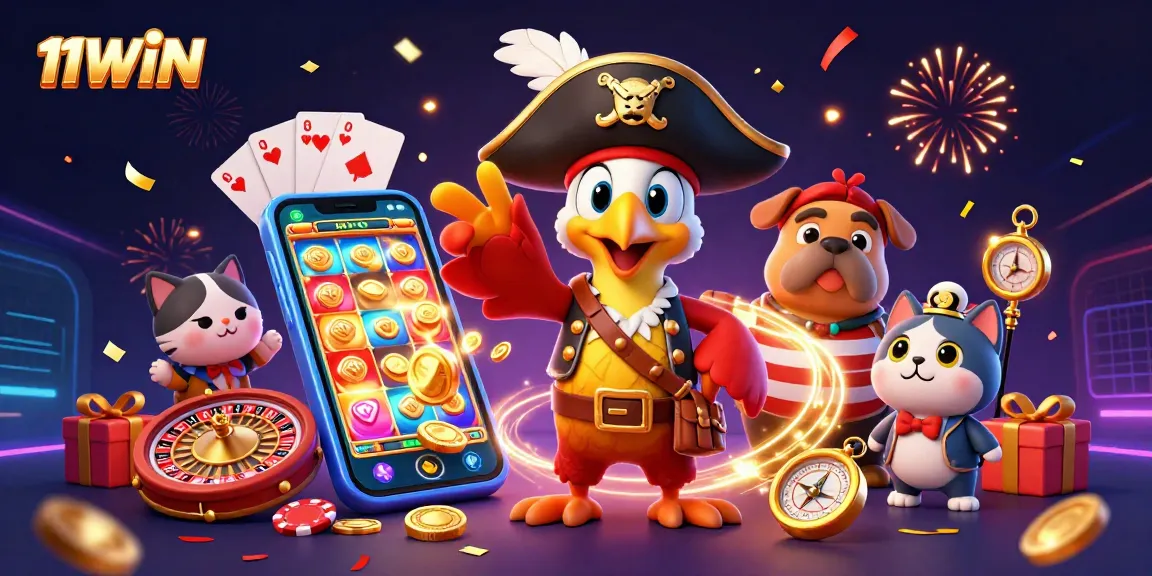 Join the excitement of 11WIN with animated characters and casino elements in a vibrant, celebration-filled scene.