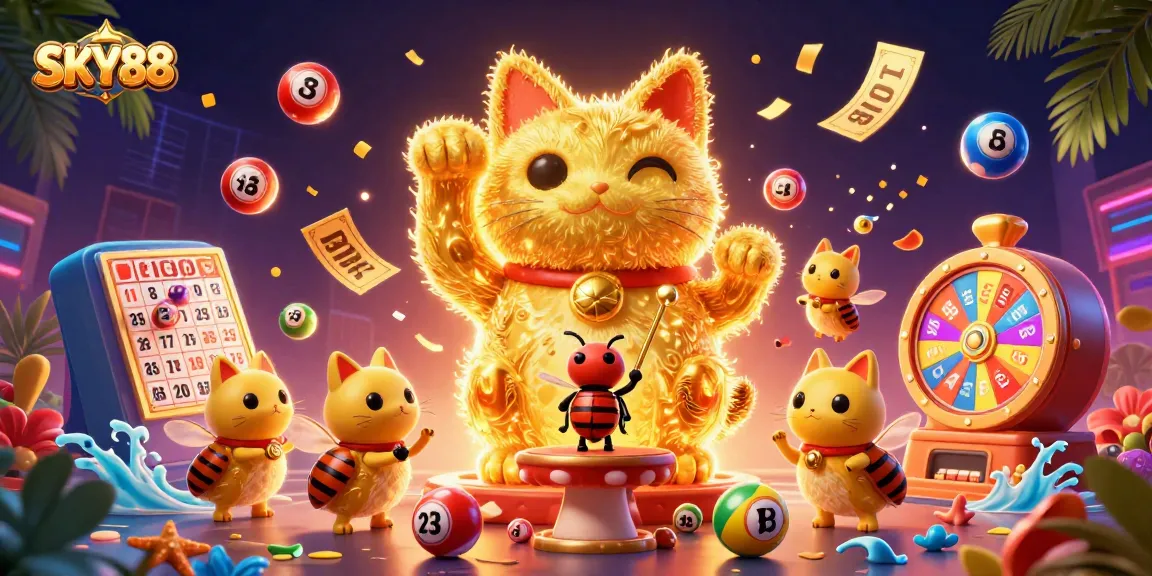 Engage with SKY88's exciting lottery games and vibrant casino symbols in this dynamic digital artwork.