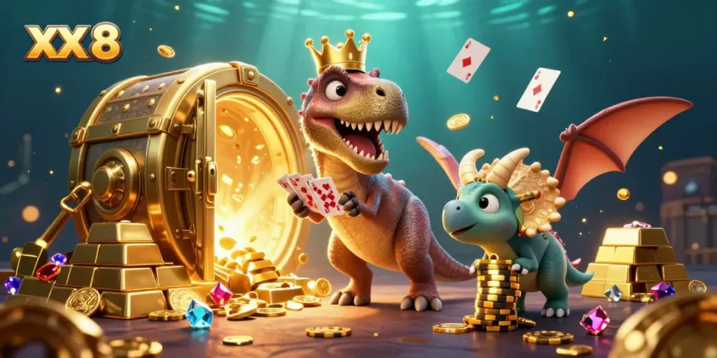 Engage with XX 8 and experience a casino adventure featuring friendly dinosaurs in a treasure-filled setting.