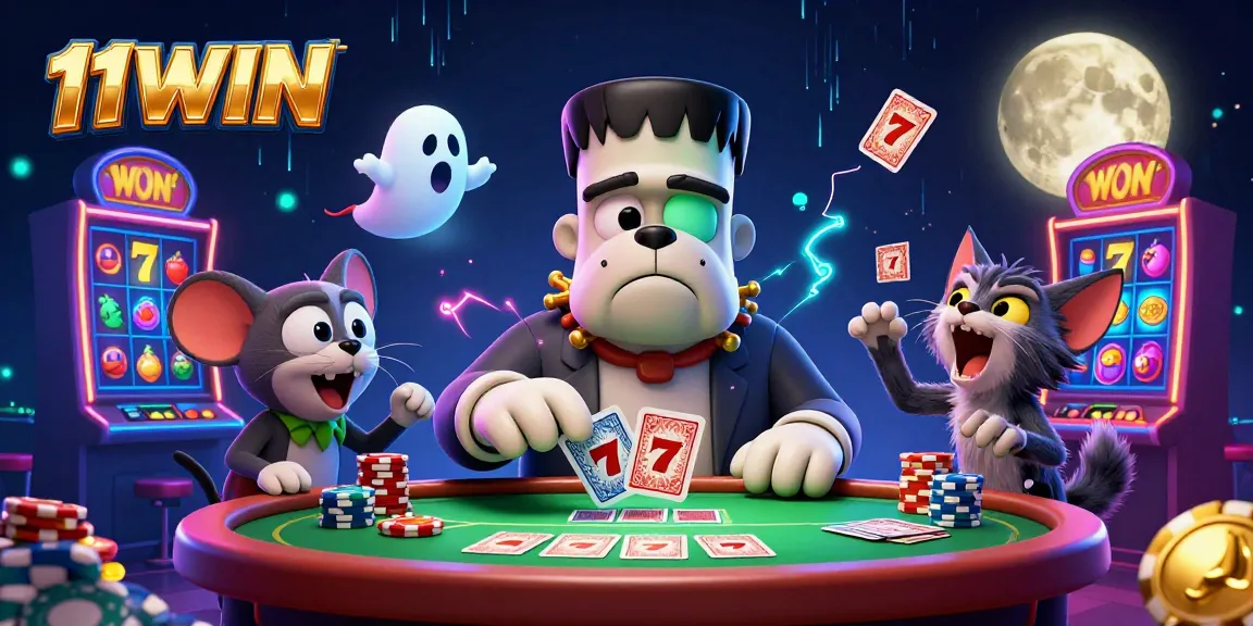 Engage in thrilling slots action at 11WIN with a cartoon monster dealer, ghost mouse, and werewolf kitten.