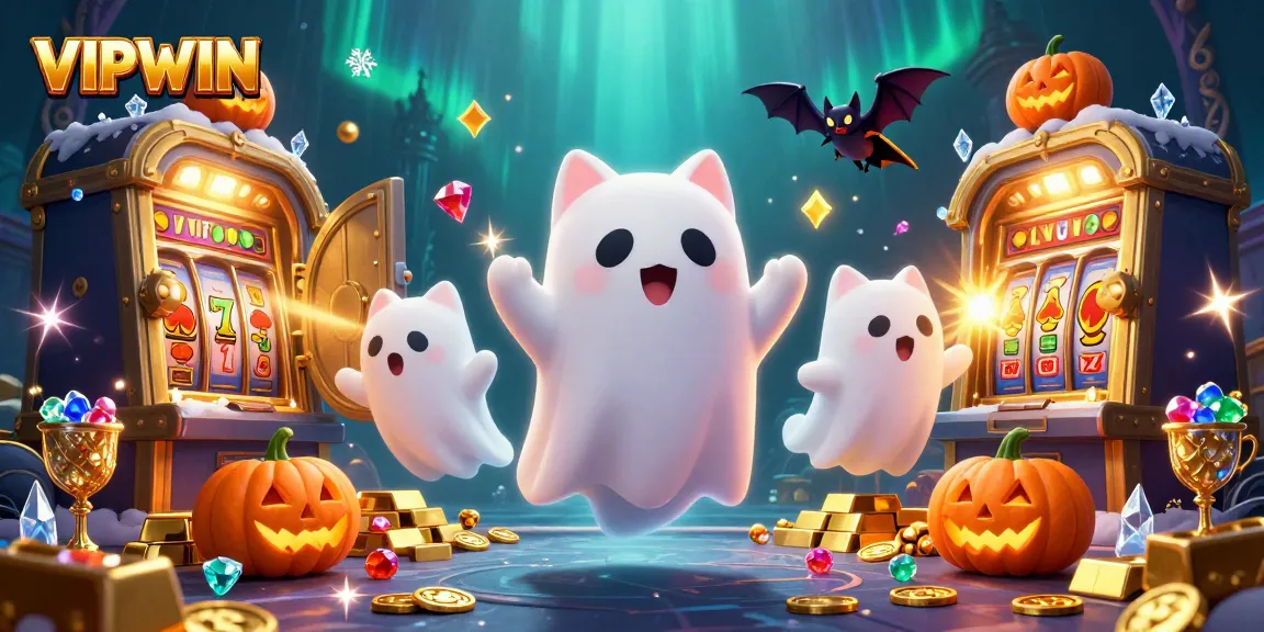 Play slot games with VIPWIN in a haunted casino scene featuring cartoon ghosts and treasures.