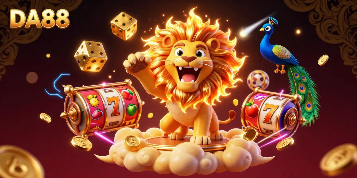 Spin the reels at DA88, featuring a roaring lion and golden dice amidst vibrant casino elements.