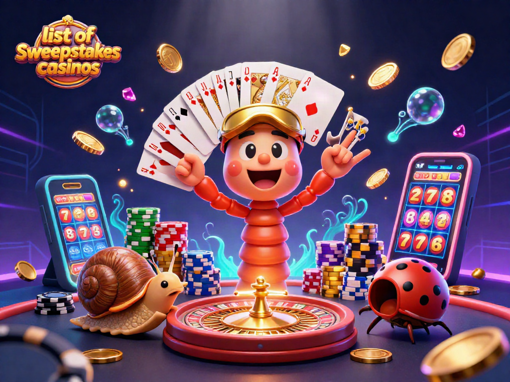 Engage with the dynamic scene showcasing the list of sweepstakes casinos featuring vibrant casino elements.