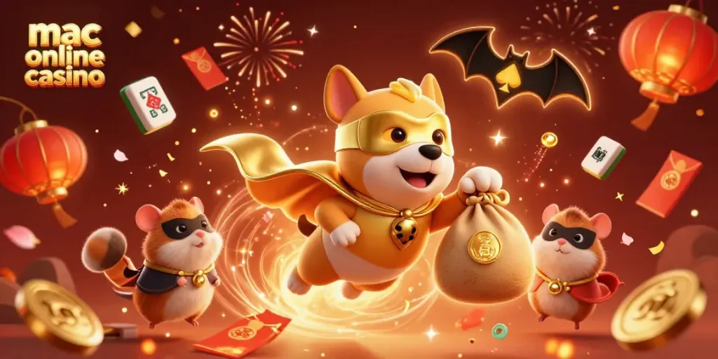 Experience excitement at a mac online casino with a superhero dog and festive elements in action.