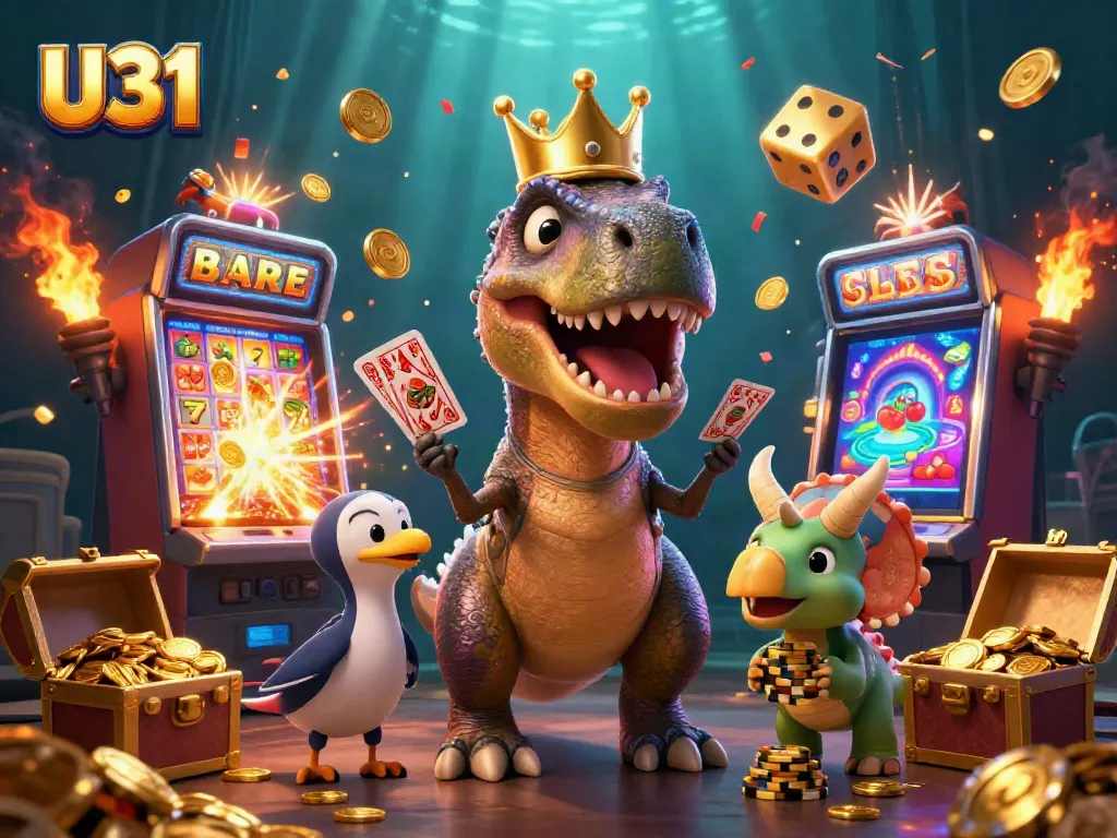 Experience U31's engaging atmosphere with charming dinosaur characters in a vibrant casino scene.