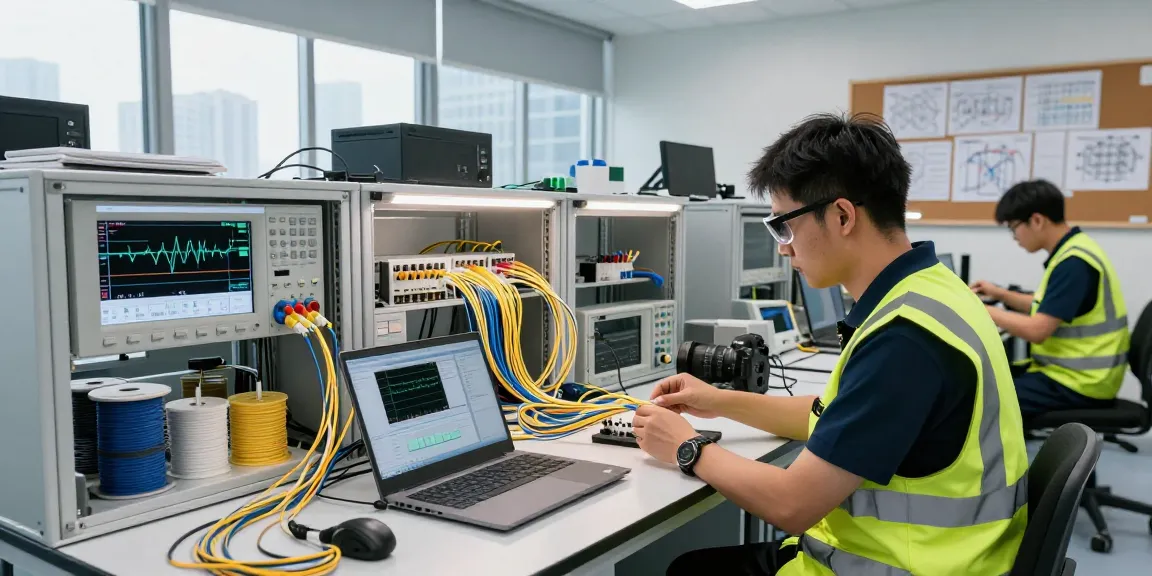 Technician expertly handling optical cables in a modern lab environment