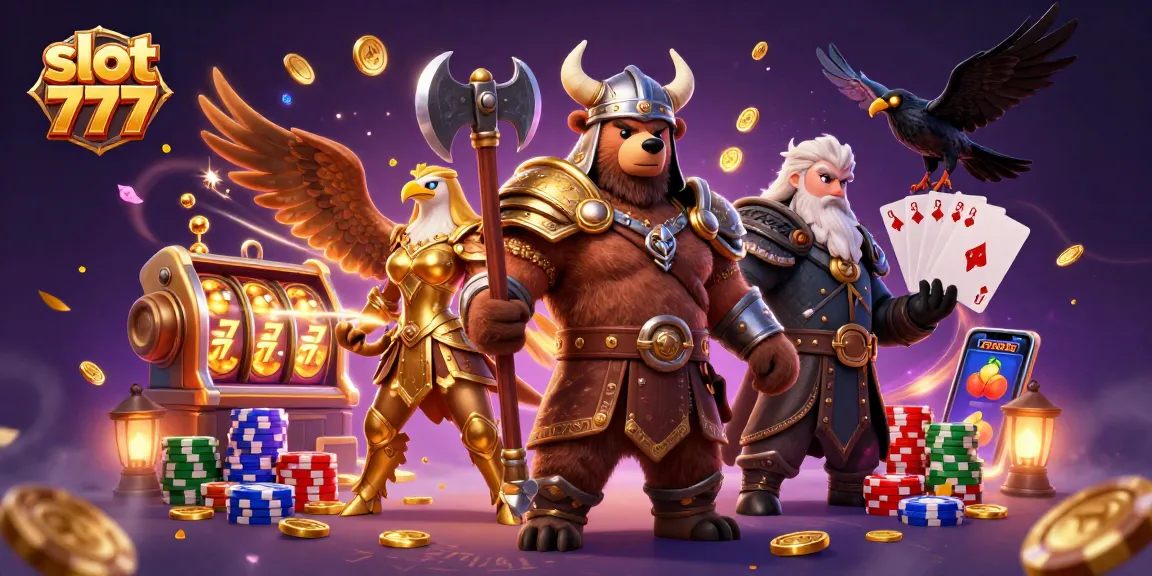 Experience thrilling gameplay with slot 777 as Viking bear and Valkyrie eagle celebrate jackpots amidst cascading coins.