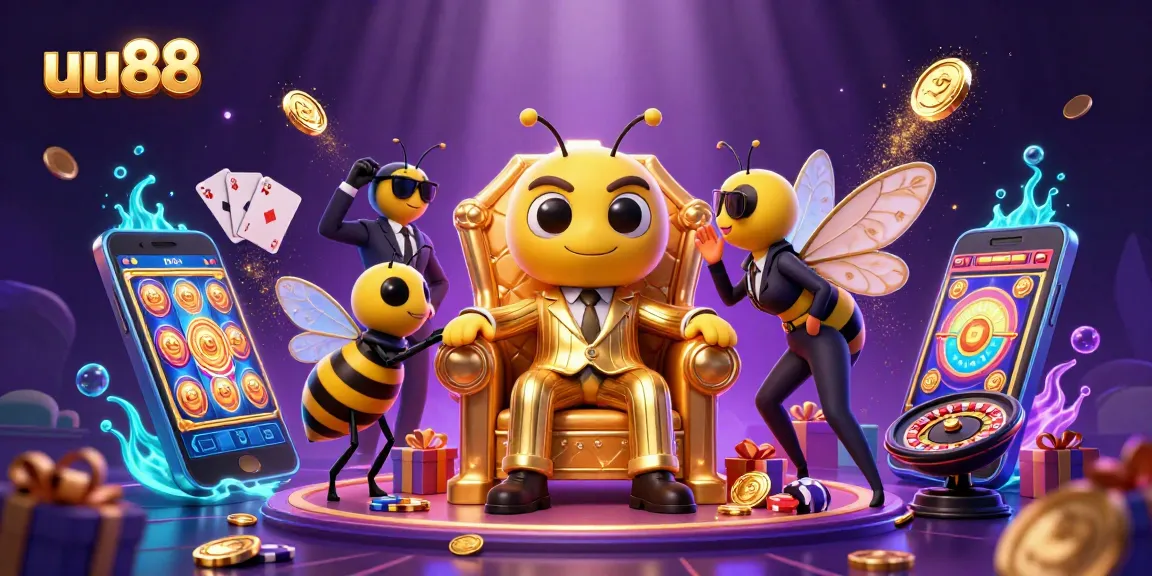 Experience the excitement of uu88 with colorful slot games, golden coins, and a buzzing casino atmosphere.