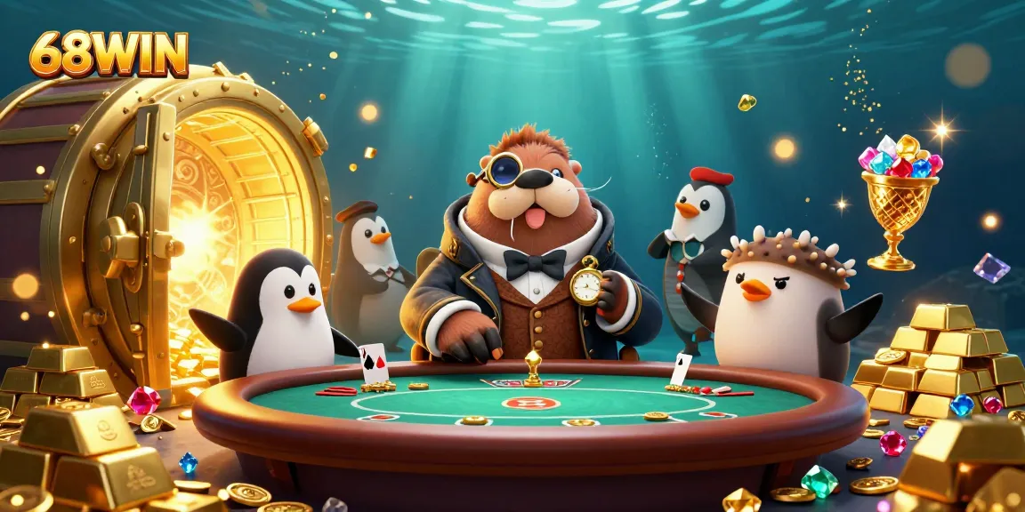 Engage with the underwater poker game scene featuring a sophisticated walrus player, 68WIN, and treasure elements.