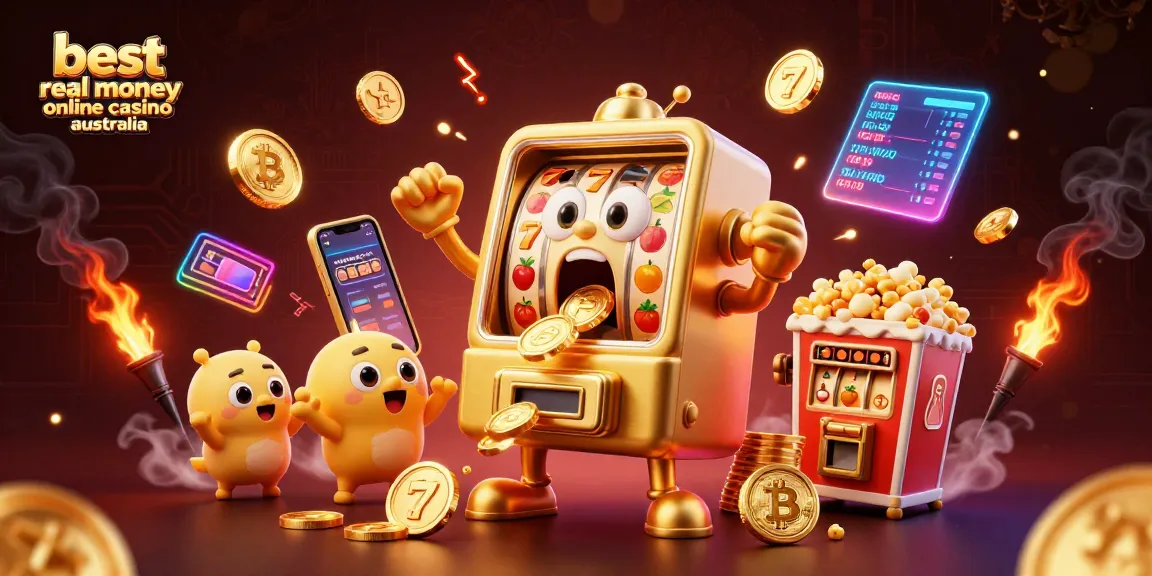 Engage with the best real money online casino Australia as a golden slot machine celebrates its jackpot.