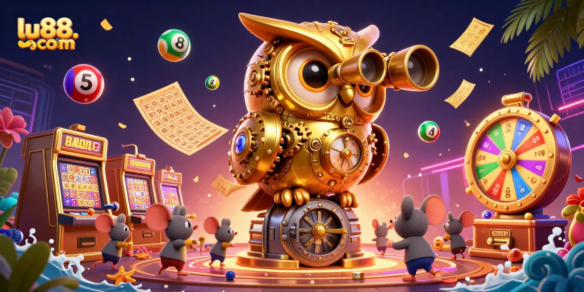 Experience the excitement at lu88. com with a vibrant casino scene featuring a golden owl and lively game elements.