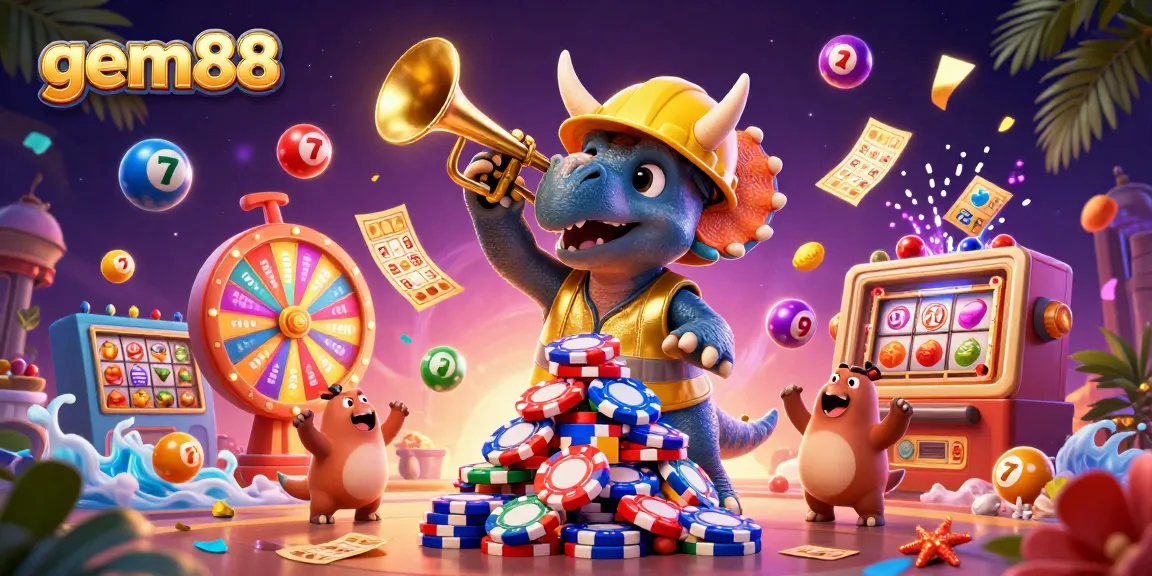gem88 triceratops builds a pyramid of poker chips amid a dynamic casino scene