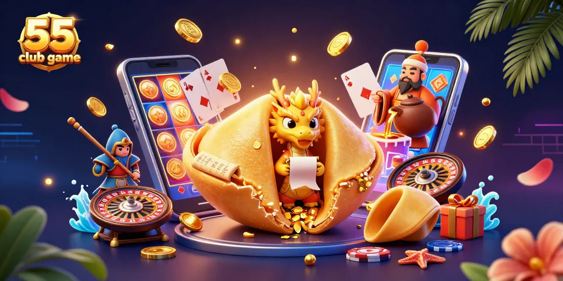 Engage with the exciting 55 club game while being mesmerized by the golden fortune cookie scene.