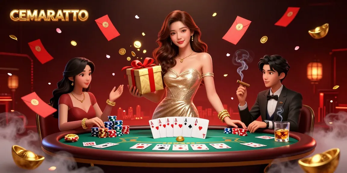 CEMARATOTO welcomes players with a dynamic casino scene filled with golden coins, poker elements, and festive visuals.