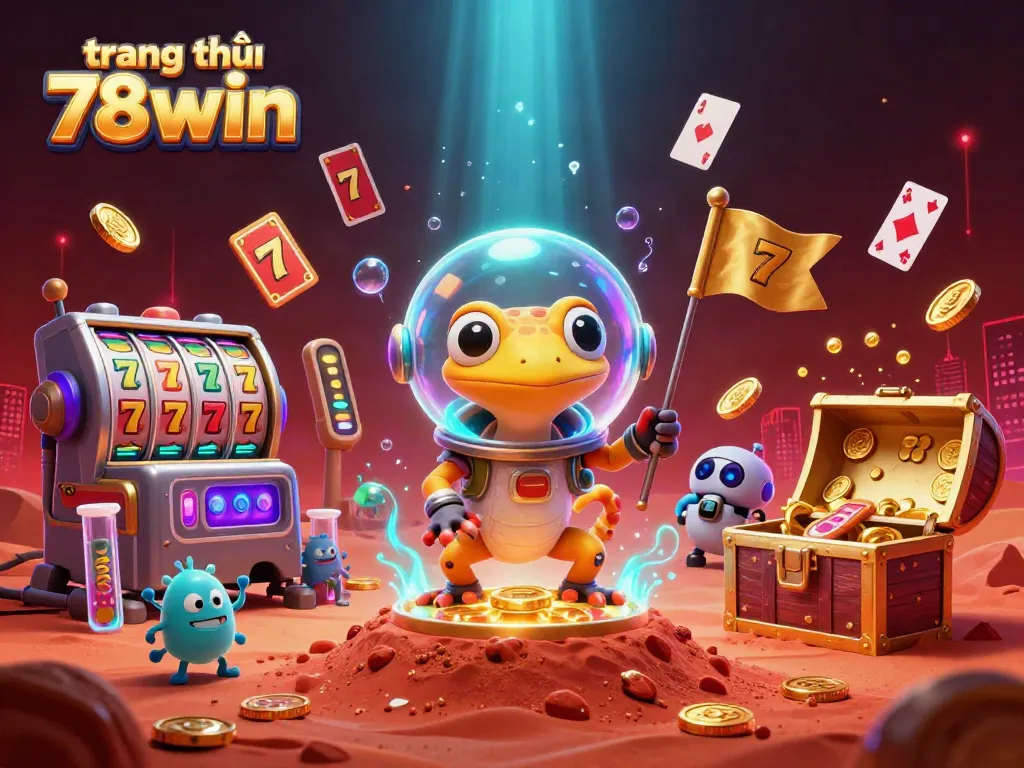 Experience the dynamic world of trang chủ 78win with a Martian gecko discovering a golden casino and vibrant gambling elements.