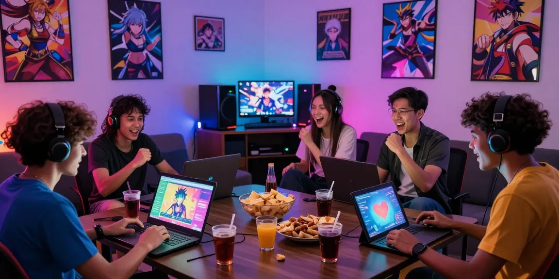 Group of friends playing ecchi games in a vibrant gaming room with snacks and colorful lights.