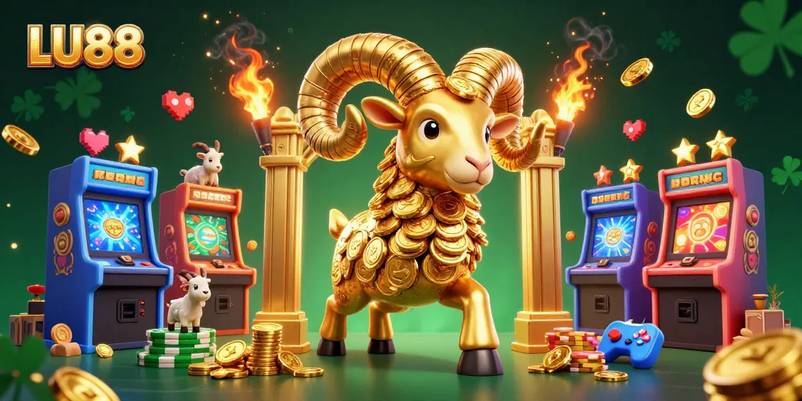 Experience LU88 excitement with golden ram, arcade games, and vibrant casino elements.