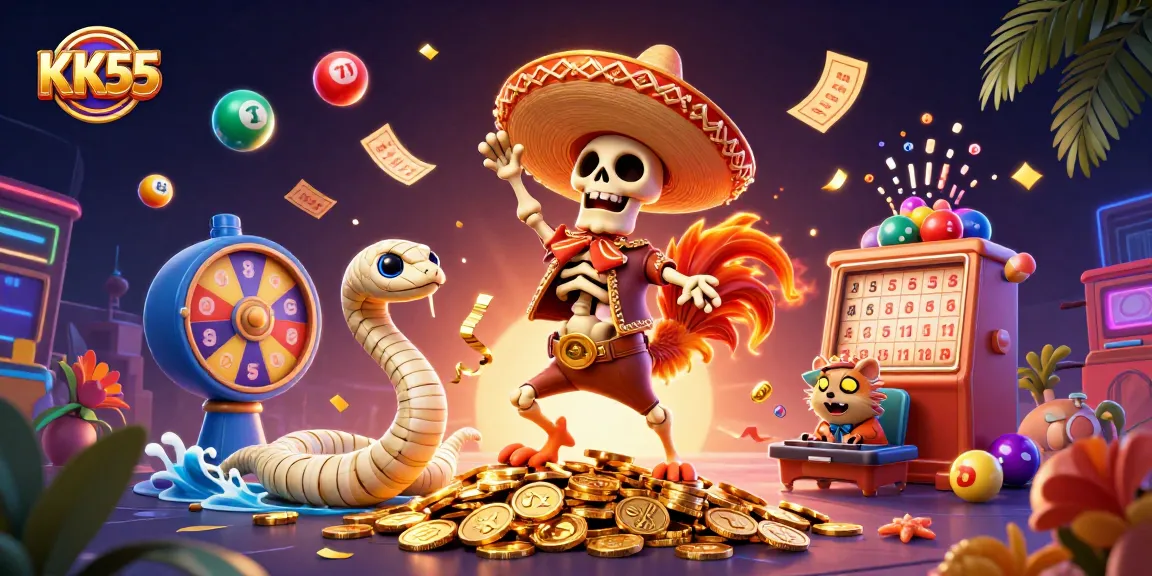 Spin and win at KK55 with a vibrant scene showcasing a lively celebration of luck and gaming.