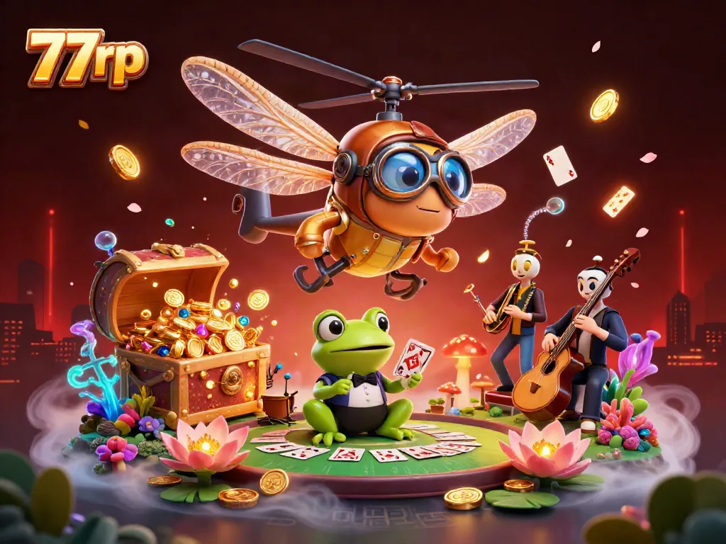 Engage in thrilling games at 77rp with dynamic dragonfly pilot and frog dealer at a lily pad casino.