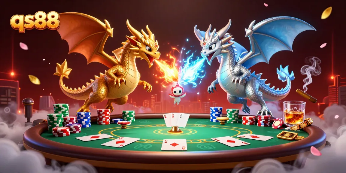 Experience qs88 gaming excitement with dragons and poker elements in ultra-detailed 3D illustration.