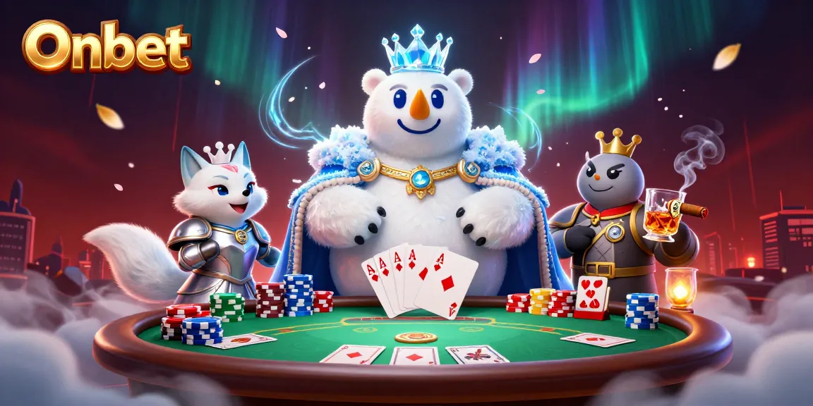 Experience Onbet with a vibrant scene showcasing a cartoon bear and fox at a poker table.