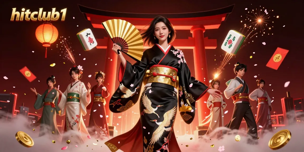 Experience the excitement of hitclub1 with floating mahjong tiles and vibrant cultural elements.