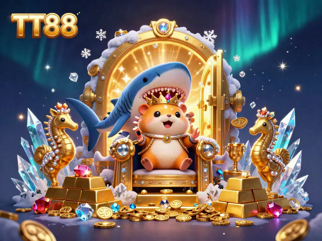 Engage in winning adventures with TT88, illustrated by a fierce hamster king on a treasure vault throne surrounded by riches.