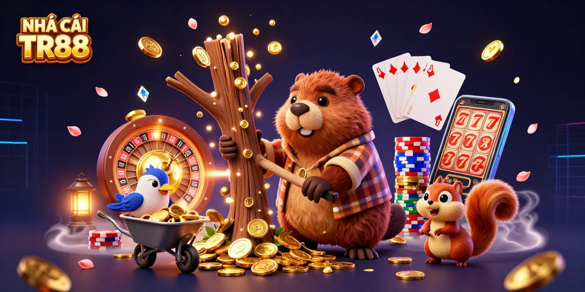 Bet big with NHÀ CÁI TR88 at a vibrant casino scene of a beaver and companions collecting coins!