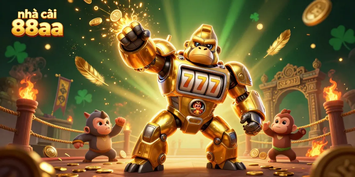 Experience exciting gameplay at nhà cái 88aa with a golden gorilla mech in a dynamic casino scene.
