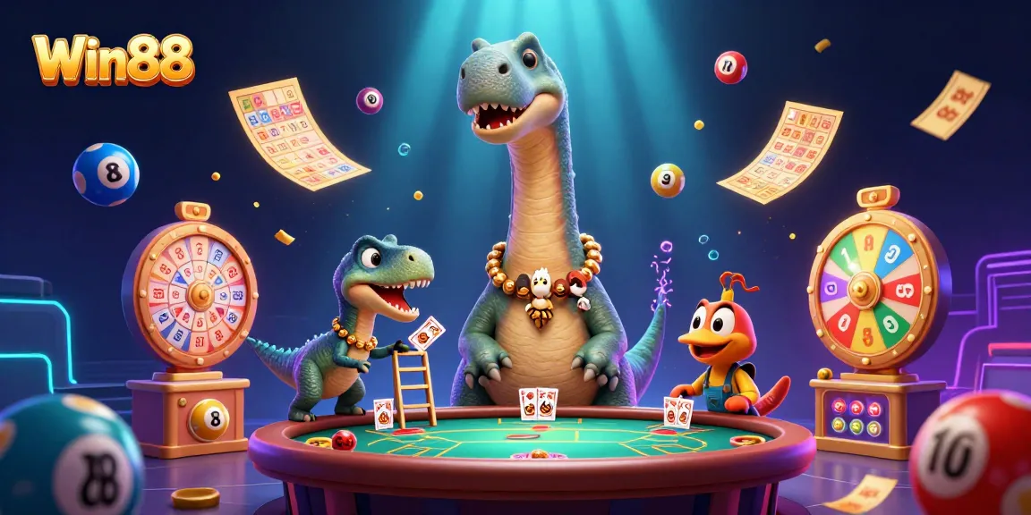 Win88 captivates with a playful brontosaurus and raptor in a vibrant casino scene.